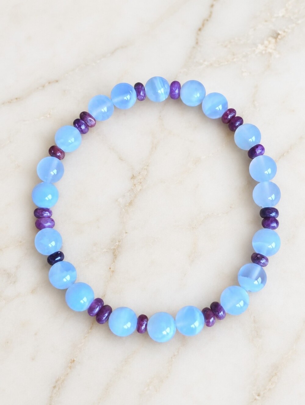 Blue Chalcedony & Lepidolite Beaded Stretch Bracelet | Handmade